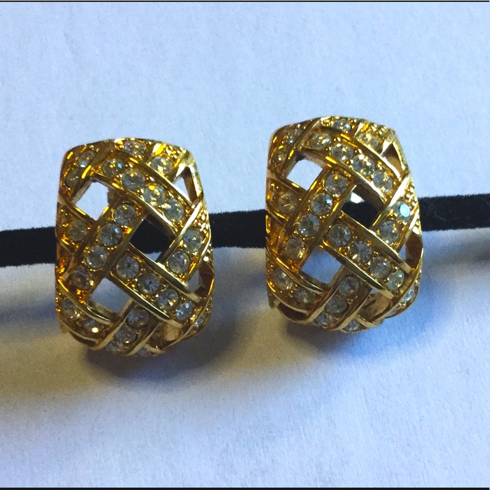 SWAROVSKI CRYSTAL GOLD CZ HUGGIE HOOP EARRINGS EUC